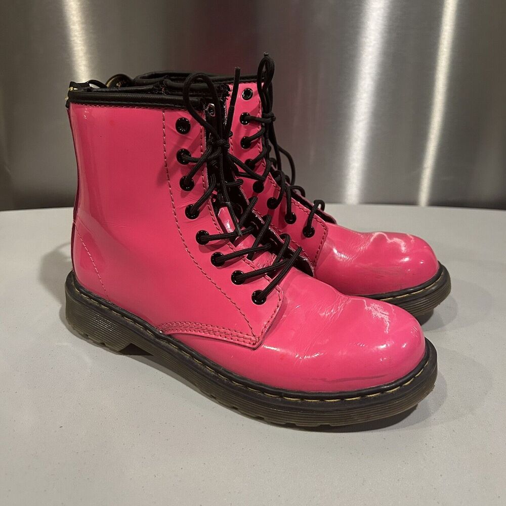 Dr Doc Martens Delaney Youth Size 3 Boots Hot Pink Lace Up‎ Side Zip Patent